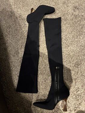 Brother Vellies black thigh high boots sculpted heel, stretch over the knee